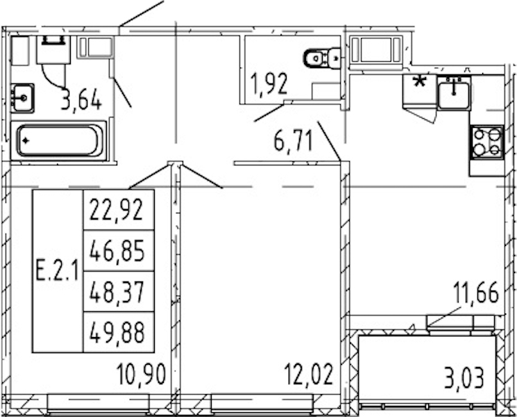 2-комнатная квартира 46.85 м², 3/12 эт., ЖК «Полис ЛАВрики»